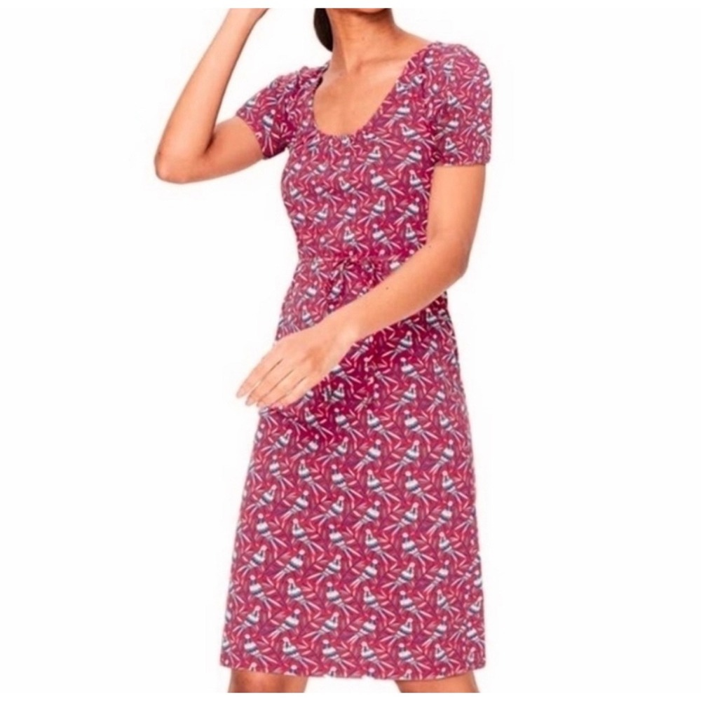 Boden Bird Print Elspeth Jersey Dress Pink Blue Short Sleeve Cotton Modal US 8R - Picture 1 of 9